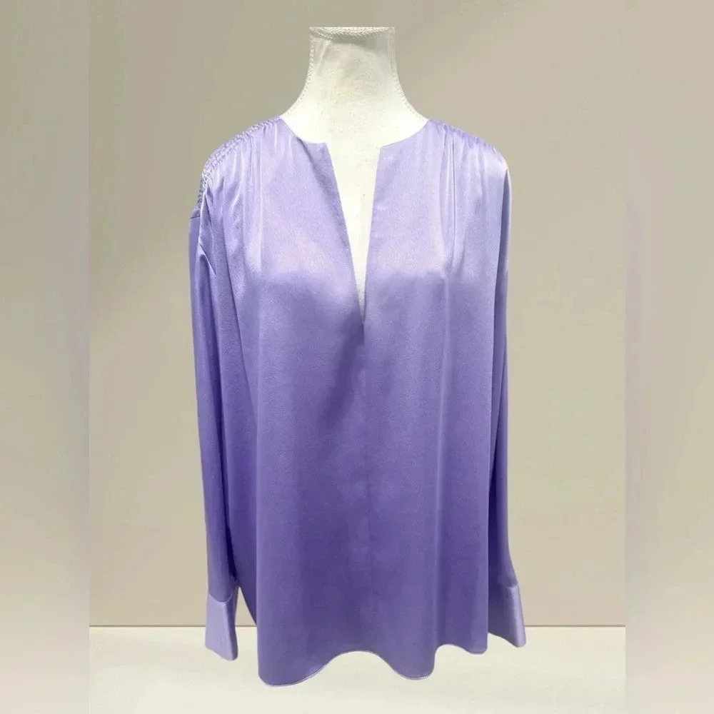 Vince Women's Smocked Extra Large Long Sleeved V- Neck Blouse - Picture 3 of 9